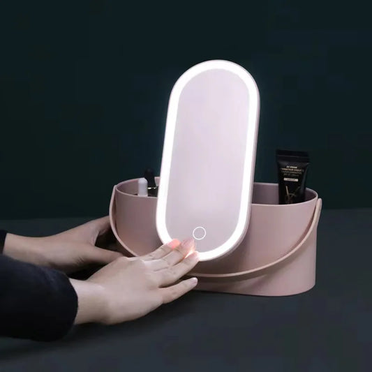 Caja organizadora de maquillaje con espejo de luz LED